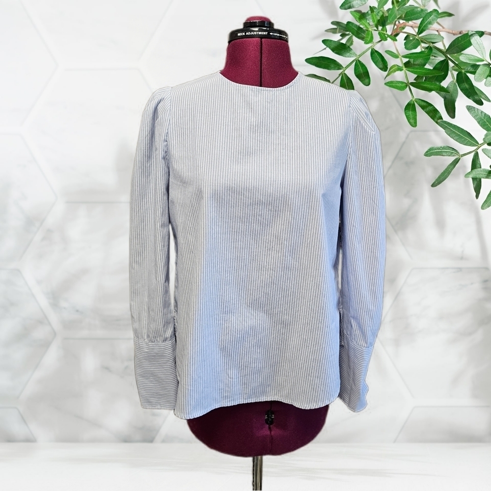 Who What Wear Pinstripe Casual Puff Sleeve Cotton Blend Shirt  XS